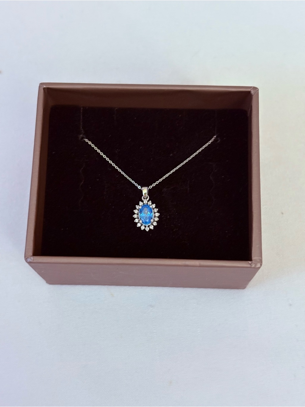Blue Topaz Oval Necklace 14k Solid Gold Real Diamond Halo